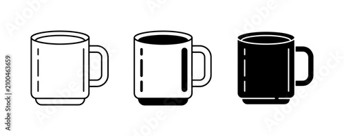 Three Ceramic Mugs, Line Art and Solid Fill Icons, Coffee Cup Set for Beverage Design