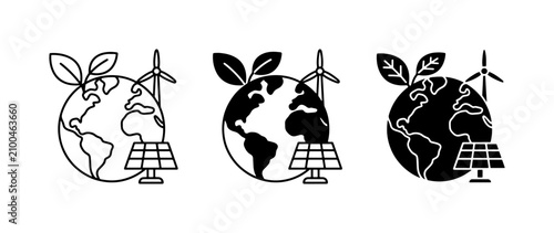 Sustainable Energy Icons: Earth, Solar Panel, Wind Turbine, Leaves; Eco-friendly Power Generation Concepts