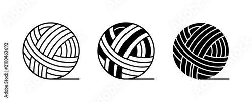 Three stylized vector icons of yarn balls in black and white, representing crafting and hobbies