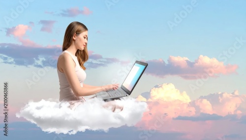 Woman working on laptop in clouds.