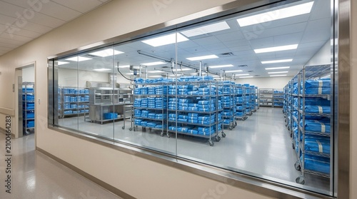 Central sterile supply department viewing window showing racks of wrapped instrument trays wide establishing shot - Healthcare Sterile Processing Facility Stock Photo