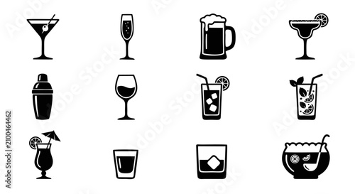Fotografía Cocktail and Alcoholic Drinks Icon Set Black Silhouette Collection with Martini