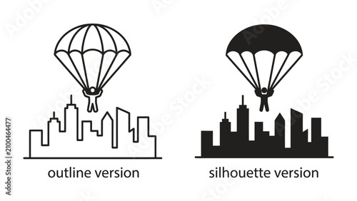 Fotografie Urban Skydiving: Two stylized depictions of a skydiver descending over a city skyline, presented in both outline and silhouette versions