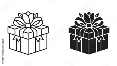 Foto Gift Box Icon: A stylized icon of a gift box with a decorative ribbon and bow, presented in both line art and silhouette versions