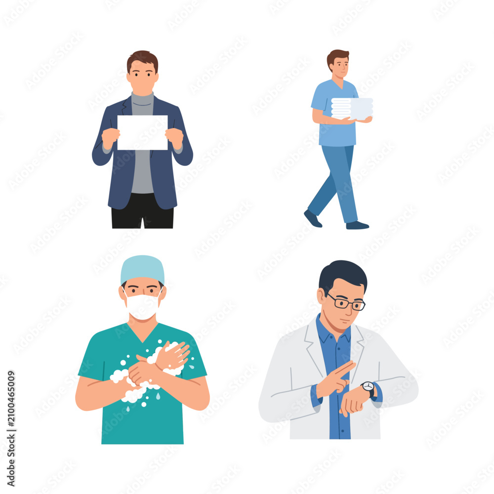Fototapeta premium Diverse Medical Professionals and Healthcare Workers Set in Modern Flat Vector Style Illustration