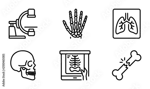 Medical Icons Set: X-ray, Skeleton, Skull, Lungs, Bone Fracture, Hand Anatomy, Radiology Equipment, Vector Graphics