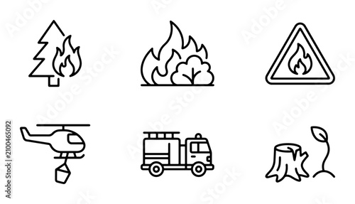 Wildfire Icons Set: Forest Fire, Danger Sign, Helicopter, Fire Truck, Tree Stump, New Growth Vector Graphics