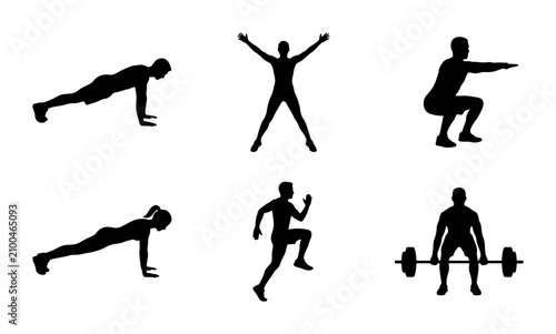 Fitness Silhouette Icons: Exercise Set, Workout Poses, Cardio, Strength Training, Active Lifestyle Graphics, Vector Collection