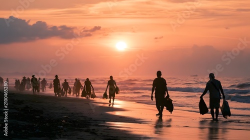 Silhouetted Surfers Walking Along Beach At Sunset With Ocean Waves
