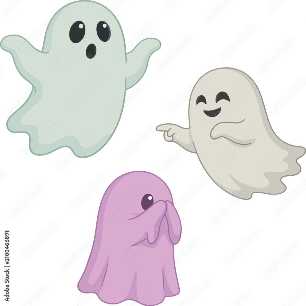 Fototapeta premium Three playful cartoon ghosts floating in a whimsical Halloween scene vector illustration isolated on white background