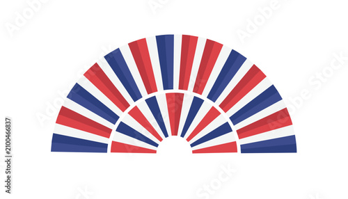 Handheld folding fan with a patriotic design of red white and blue radiating stripes for formal event decor or summer style.