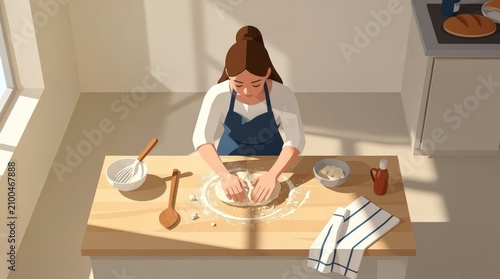 Focused Young Woman Baking Bread in Sunlit Kitchen, Soft Natural Light Streaming Through Window, Wooden Table with Baking Tools, Warm Neutral Tones, Capturing Peaceful Domestic Creativity