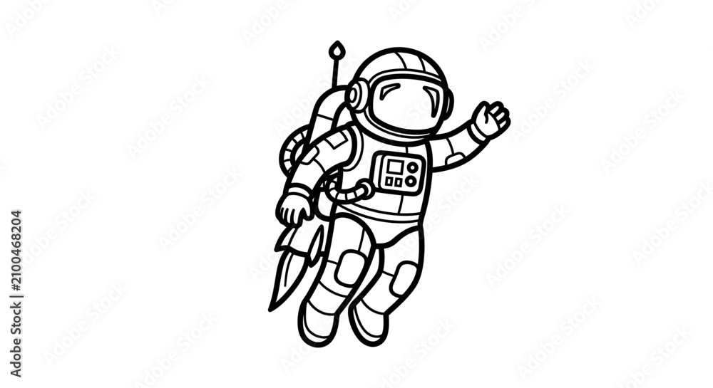 Fototapeta premium Cute cartoon astronaut in a space suit, flying with a rocket jetpack. Hand-drawn line art illustration for space exploration and adventure.