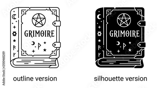 Принти на полотні Grimoire Book Icons: Two stylized representations of a grimoire, a book of magic spells, presented in both outline and silhouette versions