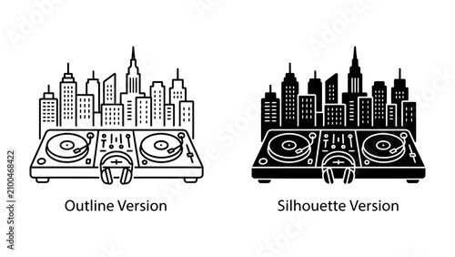 Bild auf Leinwand Cityscape and DJ Deck: A striking graphic representation combining a bustling cityscape silhouette with a professional DJ setup, symbolizing urban music culture and nightlife