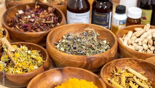 Herbal medicine ingredients in wooden bowls. Natural supplements and organic dried herbs.