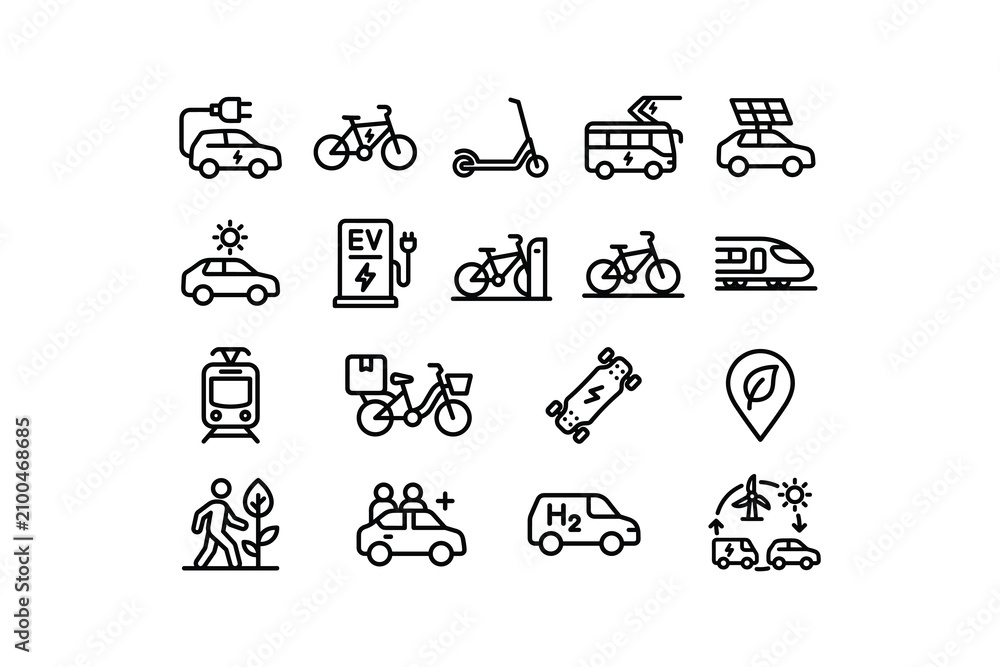 Fototapeta premium Sustainable electric transportation thin line vector icons