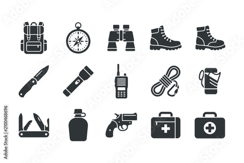 Survival gear icons set.