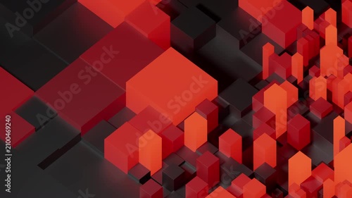 Animated isometric tech background. Red and black glowing cubes representing digital server network or big data. 3d rendering not AI