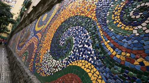 A large colorful mosaic mural made of small ceramic tiles covers a curved stone wall along a sidewalk