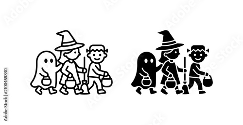 Obraz na płótnie Halloween Trick-or-Treaters Vector Set: Children in Costume, Ghosts, Witches, Mo