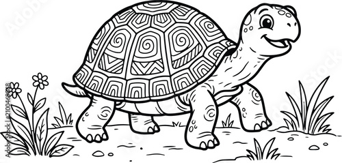 Bild auf Leinwand A cute cartoon turtle walking in a meadow for children coloring book page illust