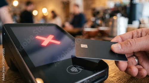 Credit card payment terminal displaying a red X icon for a declined transaction at a shop counter