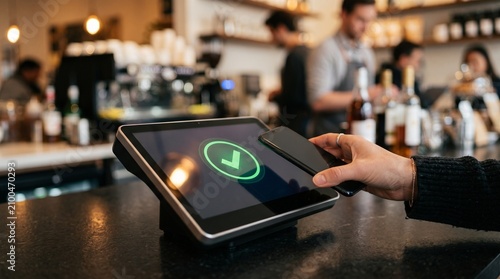 Customer makes a contactless payment using a smartphone at a modern cafe counter, with a successful transaction confirmed on the terminal screen