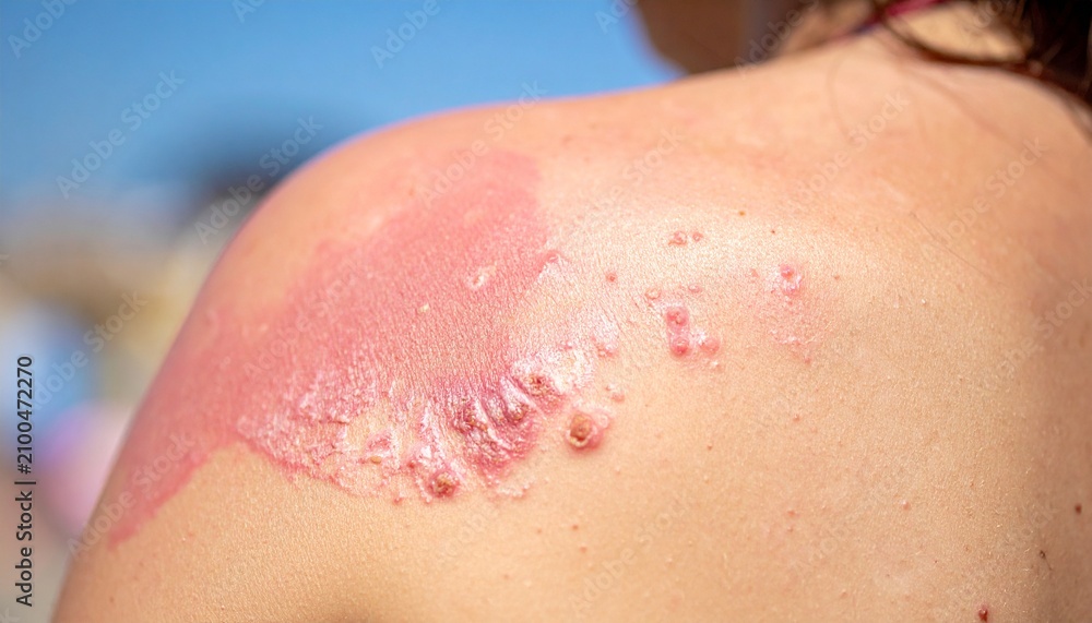 Fototapeta premium Sunburned skin on woman shoulder. Severe UV damage and painful red skin inflammation.