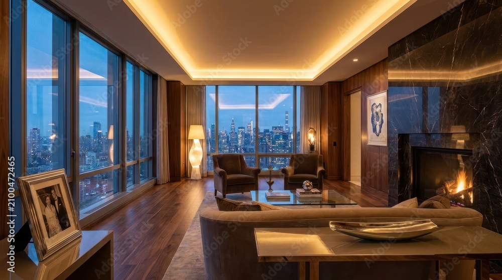 Obraz premium Luxury penthouse living room with stunning city skyline views at dusk