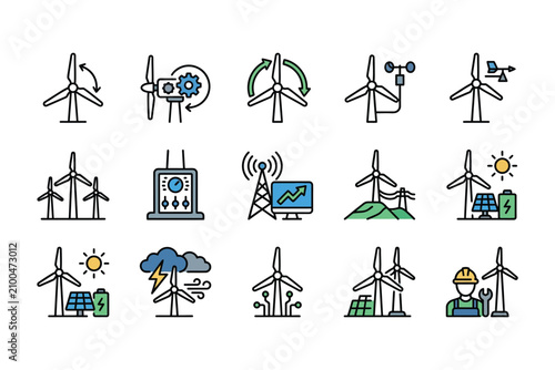 Wind turbines renewable energy icons set.