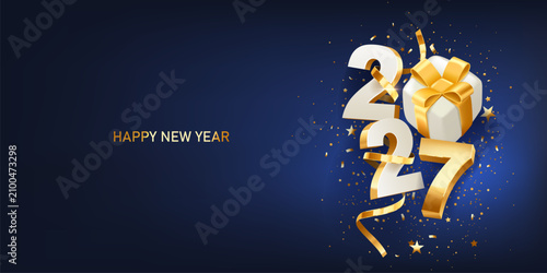 Happy New Year 2027. White 3D numbers with golden ribbons, gift box and confetti on a dark blue background.