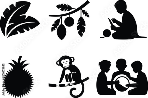 Photography Black silhouette set featuring tropical fruits, cocoa pods, a monkey on a branch