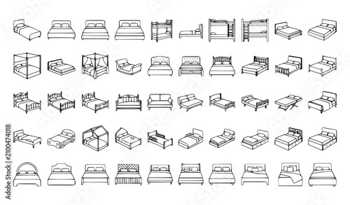 Bed Line Art Icons Set Editable Stroke Bedroom Furniture Vector Collection