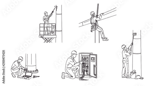 Electrical workers performing maintenance line art illustration