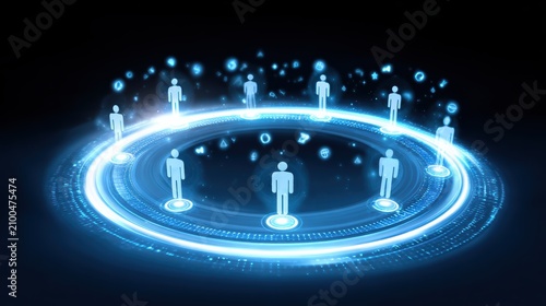 Digital representation of connected people icons forming a glowing circular network on a dark background.