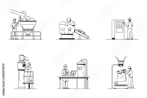 Factory Workers Operating Machinery Line Art Illustration On White Background