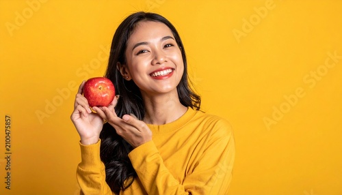 Indonesian woman in her 25s with a beautiful smile, hand to hold fruit , she look happy isolated on yellow background
