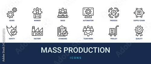 Set of 12 outline web Mass Production icons such as quality, trolley, team work, standard, factory, safety, supply chain vector icons for report, presentation, diagram, web design, mobile app