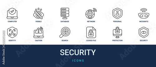 Fotografie Set of 12 outline web Security icons such as security, protection, locked file,
