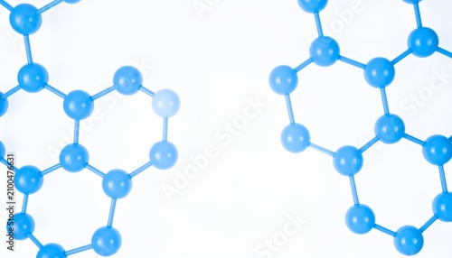 3D blue hexagonal molecular structure diagram. Scientific nanotech lattice model with atomic bonds on white.