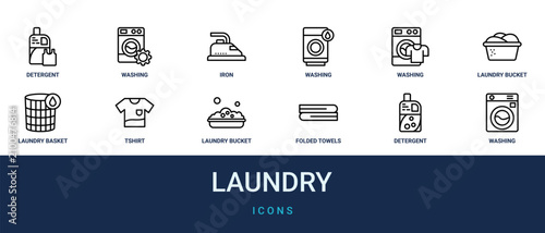 Set of 12 outline web Laundry icons such as washing machine, detergent, folded towels, laundry bucket, tshirt, laundry basket, laundry bucket vector icons for report, presentation, diagram, web