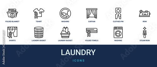 Set of 12 outline web Laundry icons such as steam iron, washing machine, folded towels, laundry bucket, laundry basket, shorts, iron vector icons for report, presentation, diagram, web design,