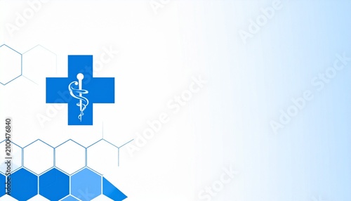 Medical symbol on blue hexagonal pattern. Healthcare background with abstract geometric shapes.