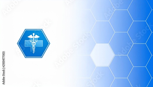 Medical symbol on blue hexagonal pattern. Healthcare icon with abstract geometric background.