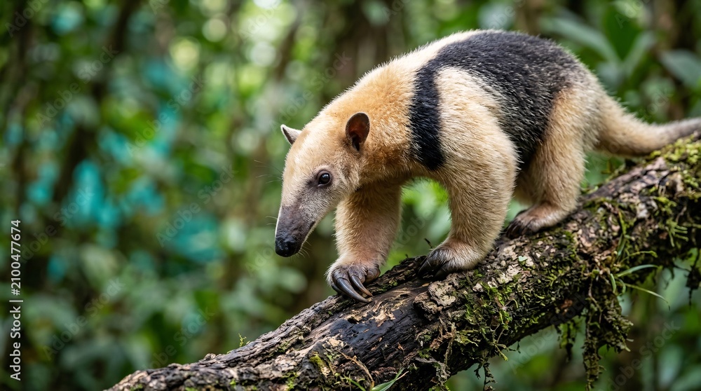 Fototapeta premium A wild lesser anteater balancing on a thick mossy branch in a vibrant green tropical jungle environment during the daytime.