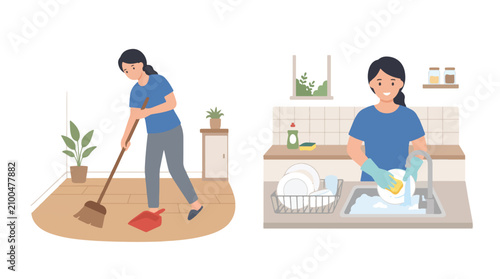 Foto Set of flat vector illustrations depicting a woman performing daily household ch