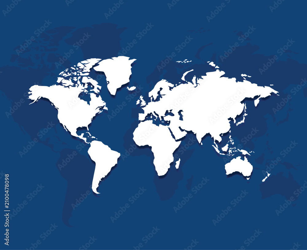 Fototapeta premium An illustration of a simplified world map featuring white continents against a dark blue background, designed for global geography education and informational purposes.