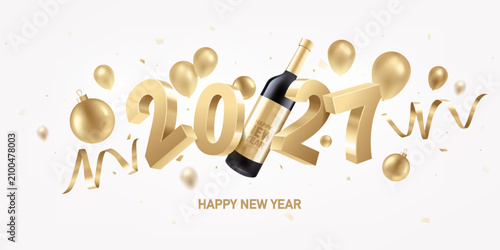 Happy New Year 2027. Golden 3D numbers with ribbons, balloons, bottle of wine and Christmas decoration on a white background. Celebration background.