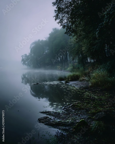 Dark academia foggy forest lake scenery misty lake shore with dark forest trees reflected in calm water during quiet early morning landscape